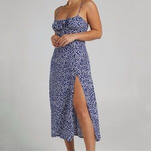 Showpo Willa Ruched Bust Thigh Split Midi Dress